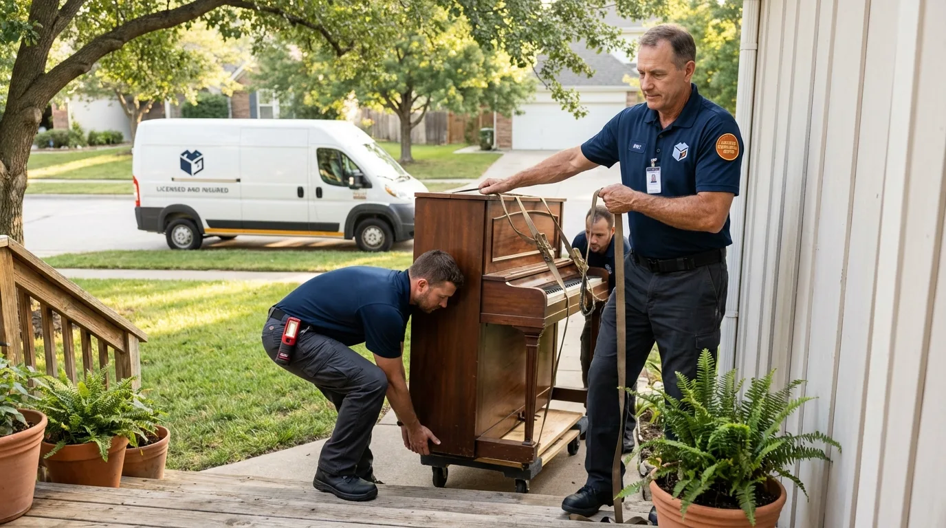 Licensed piano movers securing grand piano in Fletcher, NC
