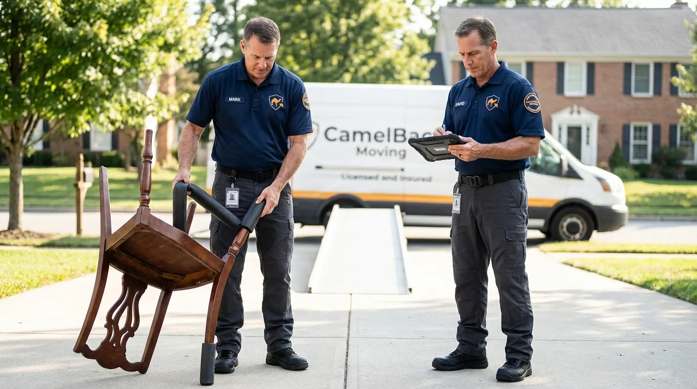 Movers inspecting furniture for damage prevention before loading in Fletcher, NC
